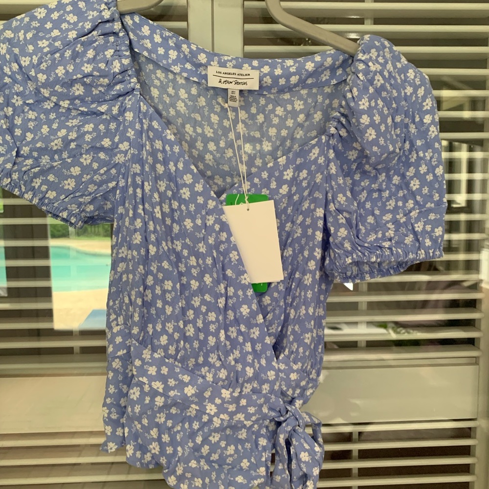 & Other Stories Blue and White Tie Front Cap Sleeve Blouse